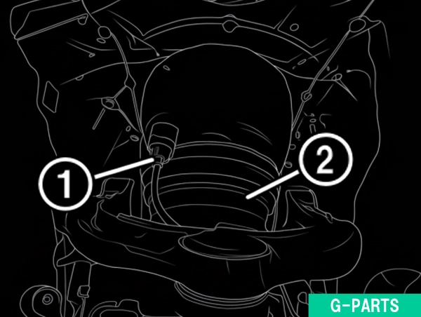 フロントエアサスペンションストラットからのエアラインの取外し①