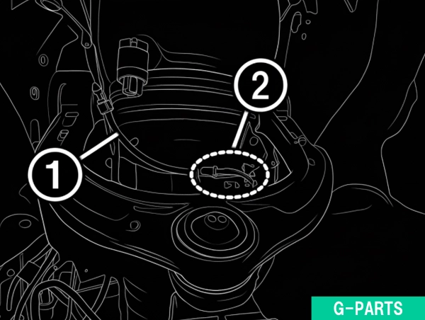 フロントエアサスペンションストラットからのエアラインの取外し②